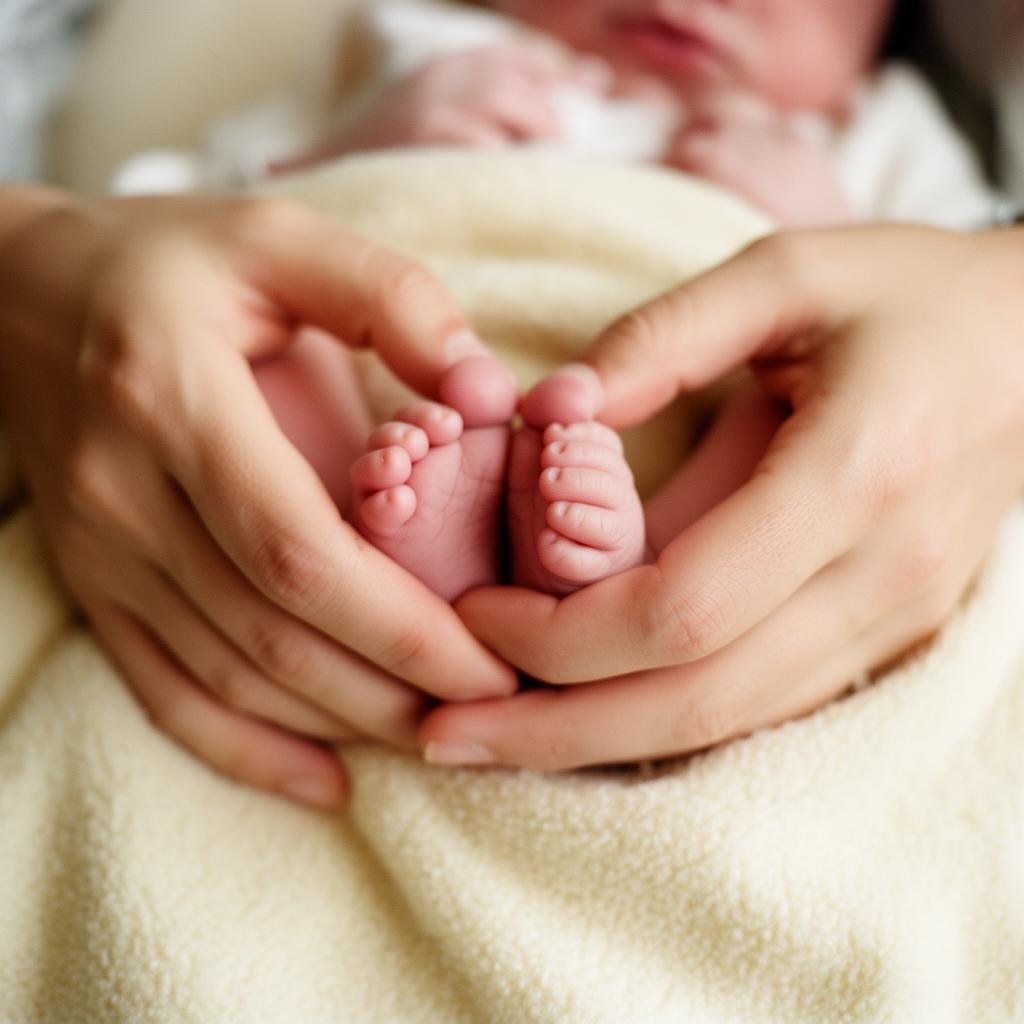 Mãos de mãe envolvendo pés de recém-nascido